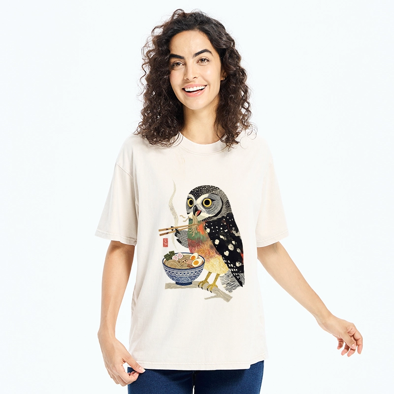 Tokyo-Tiger Owl Slurps Hot Ramen Japan Art Washed T-Shirt