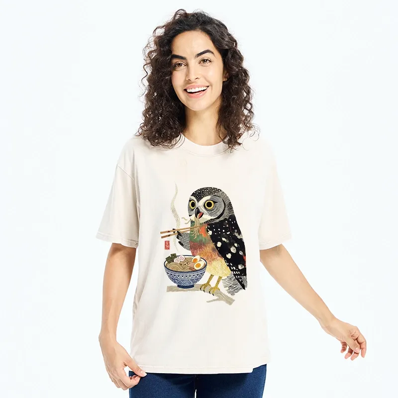 Tokyo-Tiger Owl Slurps Hot Ramen Japan Art Washed T-Shirt