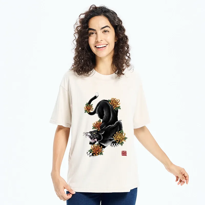 Tokyo-Tiger Wild Black Cat Panther Autumn Flower Graphic Washed T-Shirt
