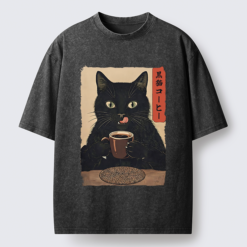 Tokyo-Tiger Vintage Black Cat Coffee Art Washed T-Shirt