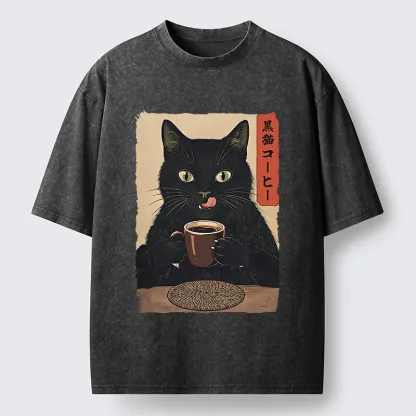 Tokyo-Tiger Vintage Black Cat Coffee Art Washed T-Shirt