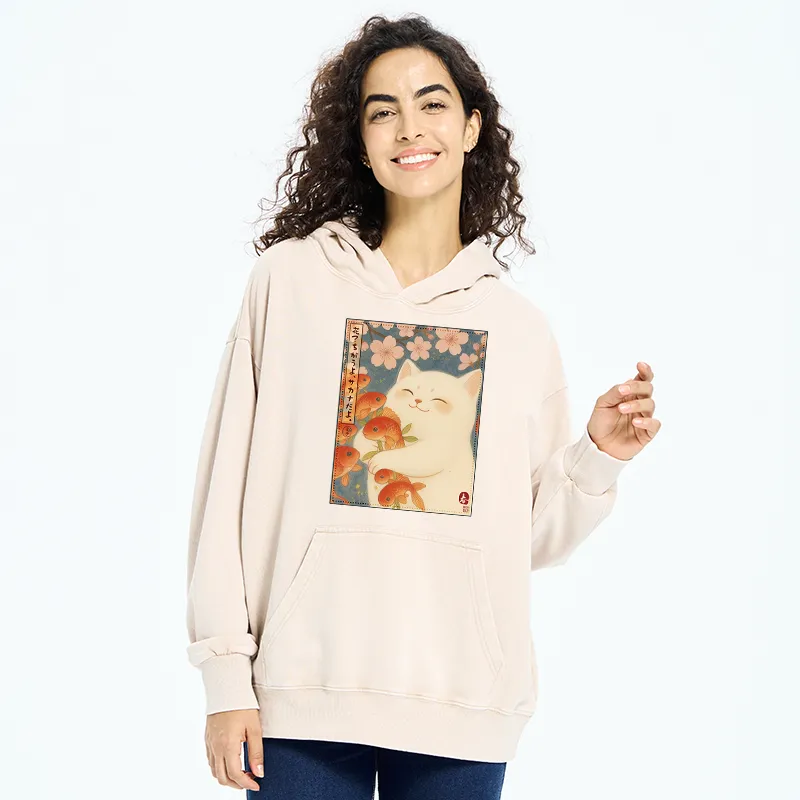 Tokyo-Tiger Funny Ukiyoe Cat and Fish Flower Washed Hoodie