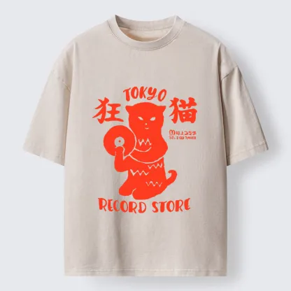 Tokyo-Tiger Wild Cat Vinyl Art Washed T-Shirt