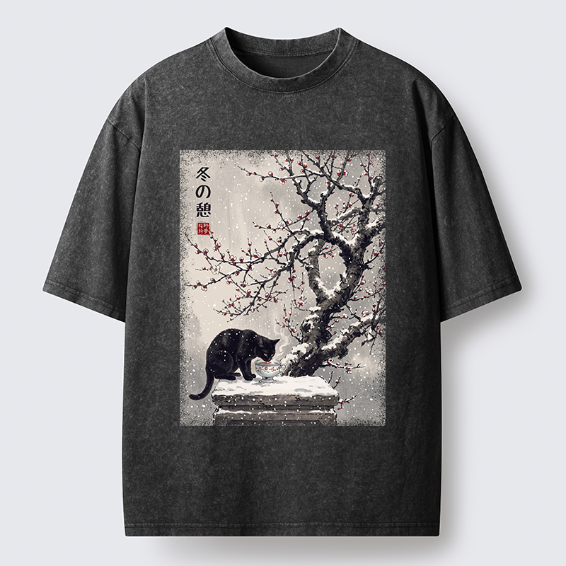Tokyo‑Tiger Snow Cat Calm Vibes Washed T-Shirt