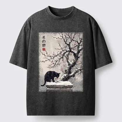Tokyo‑Tiger Snow Cat Calm Vibes Washed T-Shirt