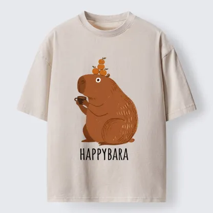 Tokyo-Tiger Cute Capybara Drinking Coffee Washed T-Shirt