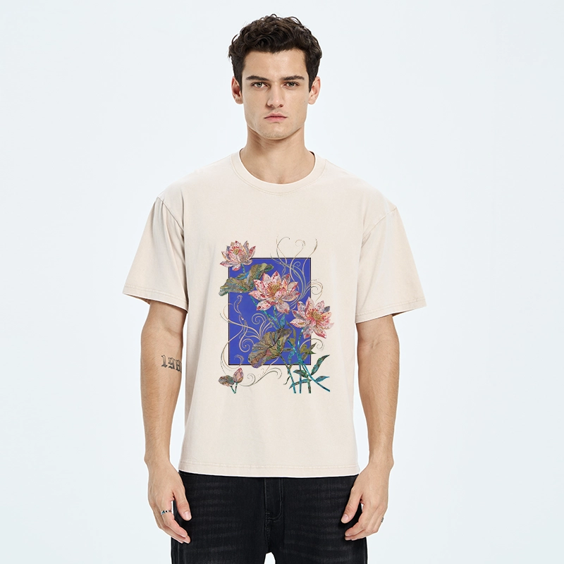 Tokyo-Tiger Lotus Art Floral Vibe Washed T-Shirt