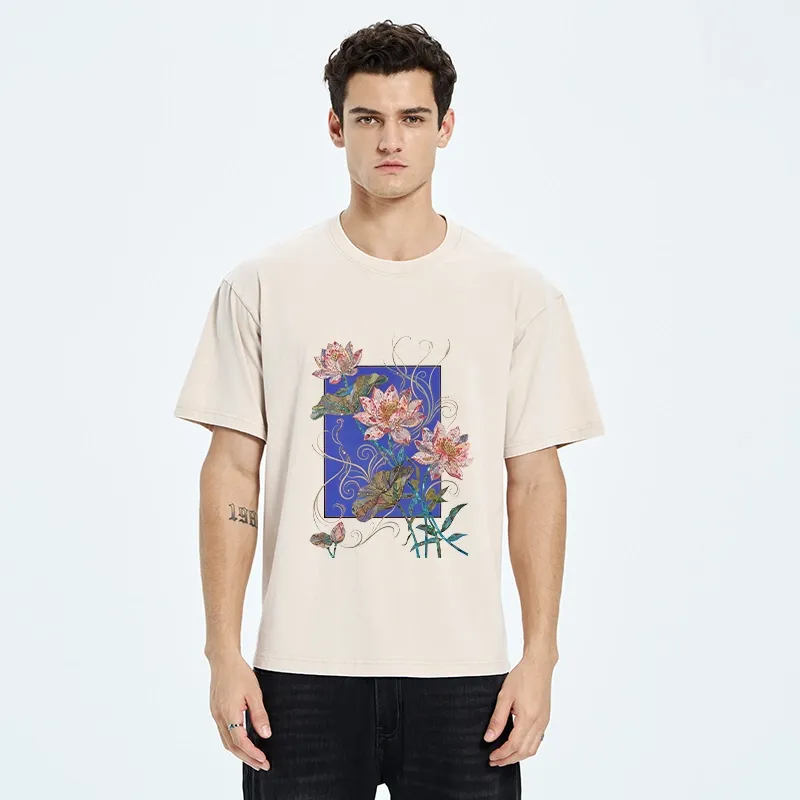 Tokyo-Tiger Lotus Art Floral Vibe Washed T-Shirt
