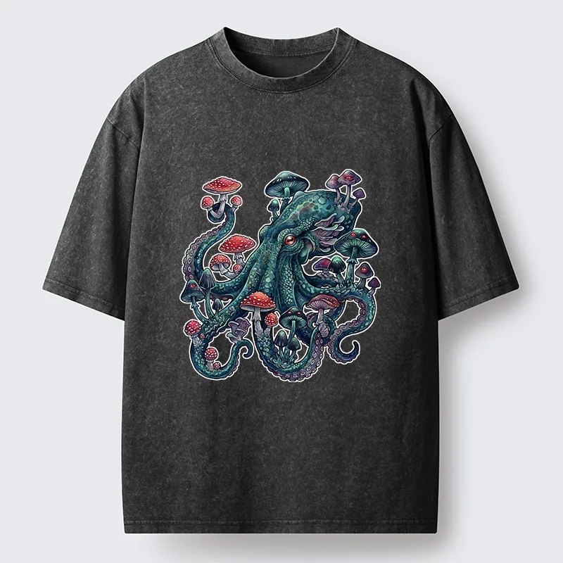 Tokyo-Tiger Octopus Covered In Mushrooms Washed T-Shirt