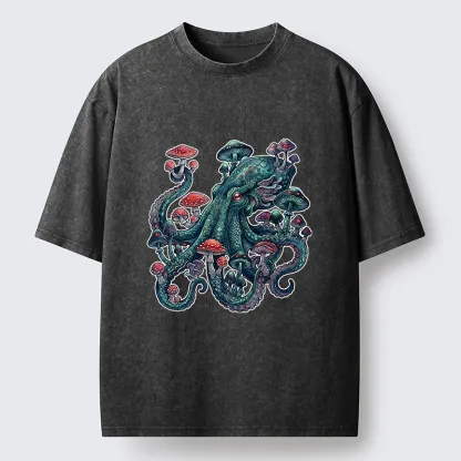 Tokyo-Tiger Octopus Covered In Mushrooms Washed T-Shirt