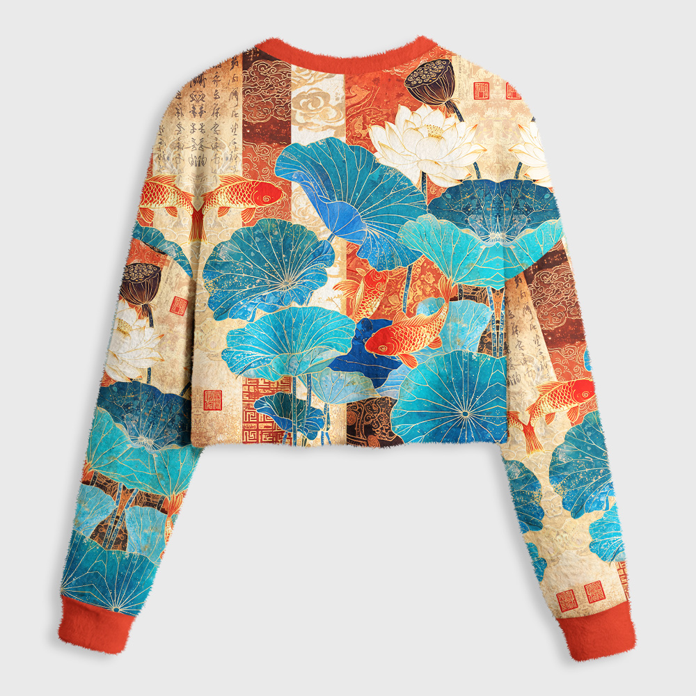 Tokyo-Tiger Koi Among Brocade Lotus Women's Fuzzy Cropped Sweatshirt