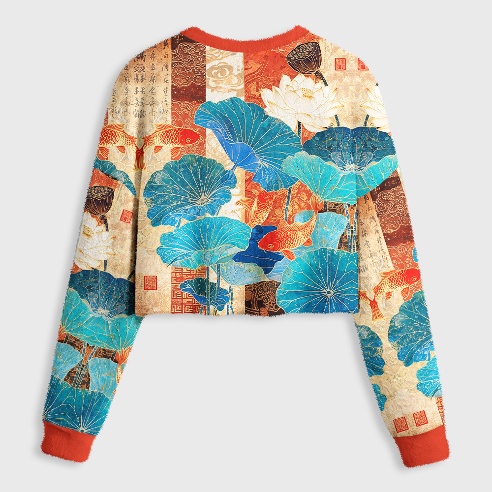 Tokyo-Tiger Koi Among Brocade Lotus Women's Fuzzy Cropped Sweatshirt