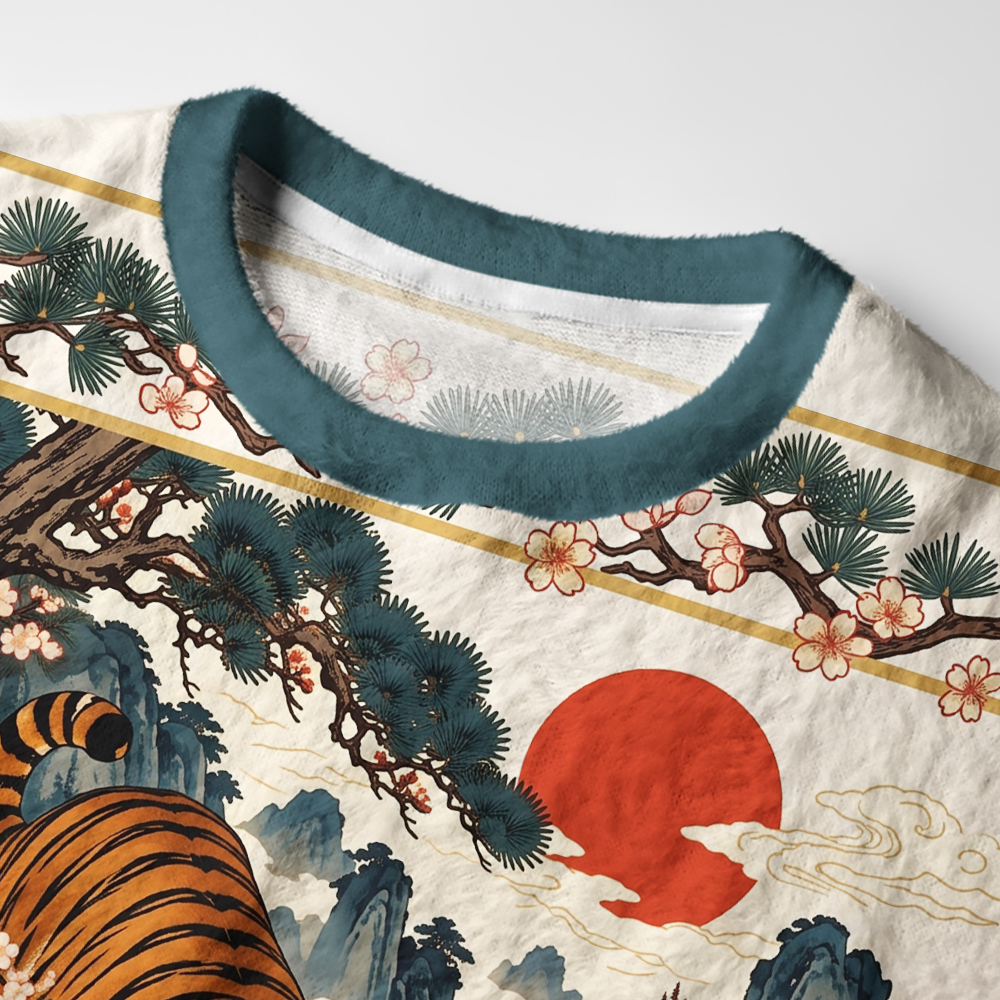 Tokyo-Tiger Vintage Ukiyo Wild Tiger Floral Graphic Fuzzy Christmas Ugly Sweatshirt