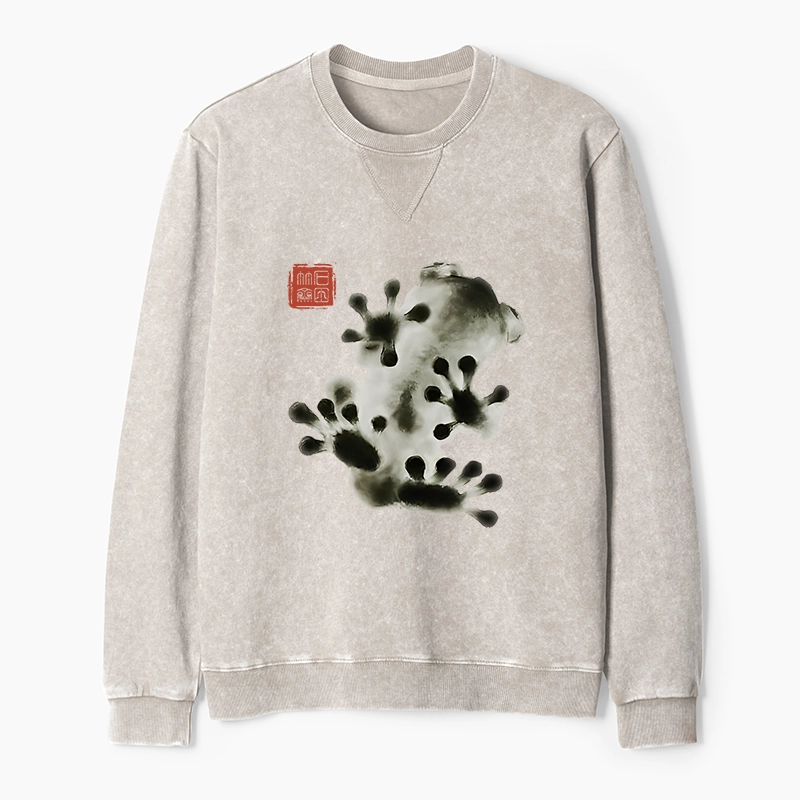 Tokyo-Tiger Ink Painting Frog Washed Terry Sweatshirt