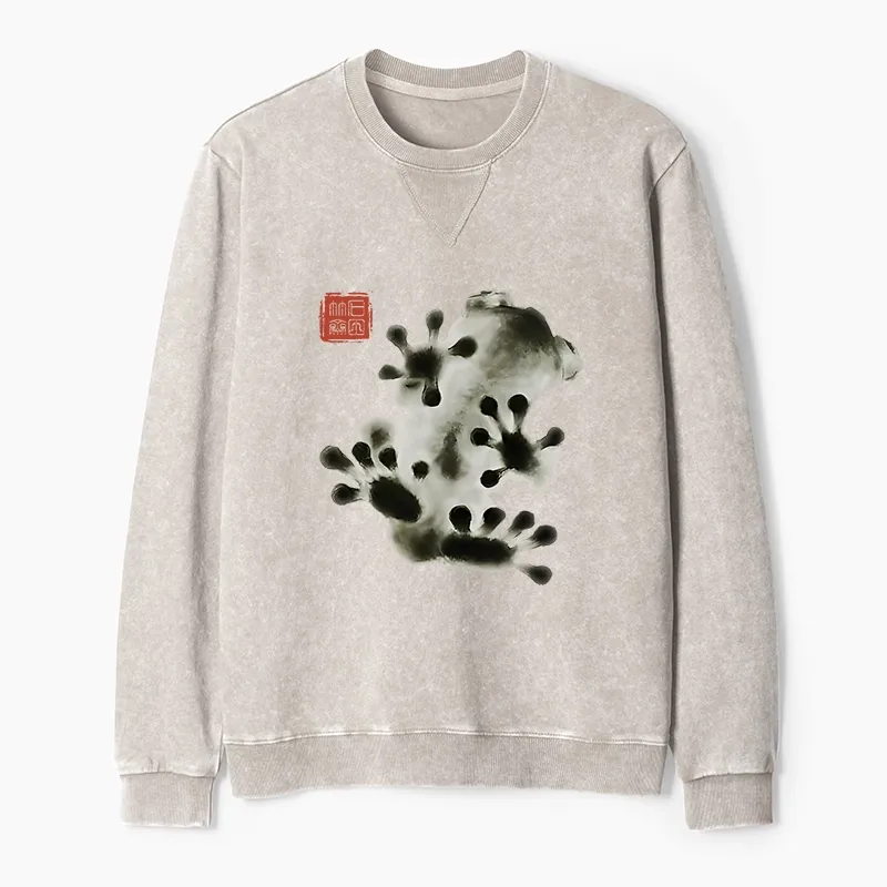 Tokyo-Tiger Ink Painting Frog Washed Terry Sweatshirt