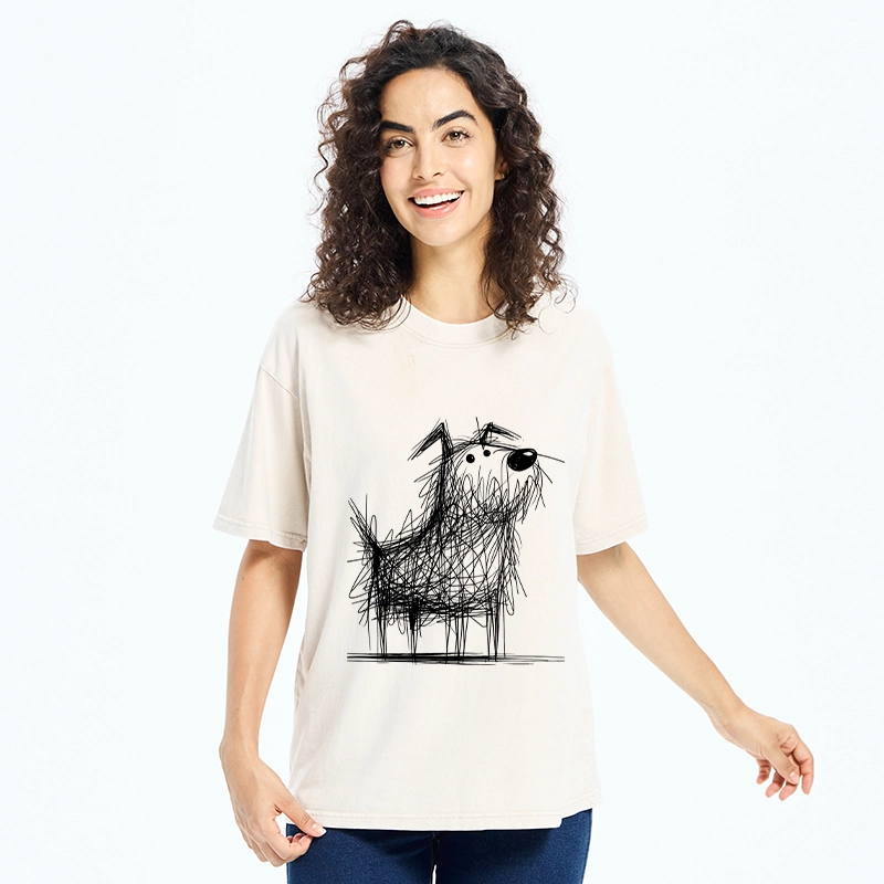 Tokyo-Tiger Cute Scrawled Dog Line Art Washed T-Shirt