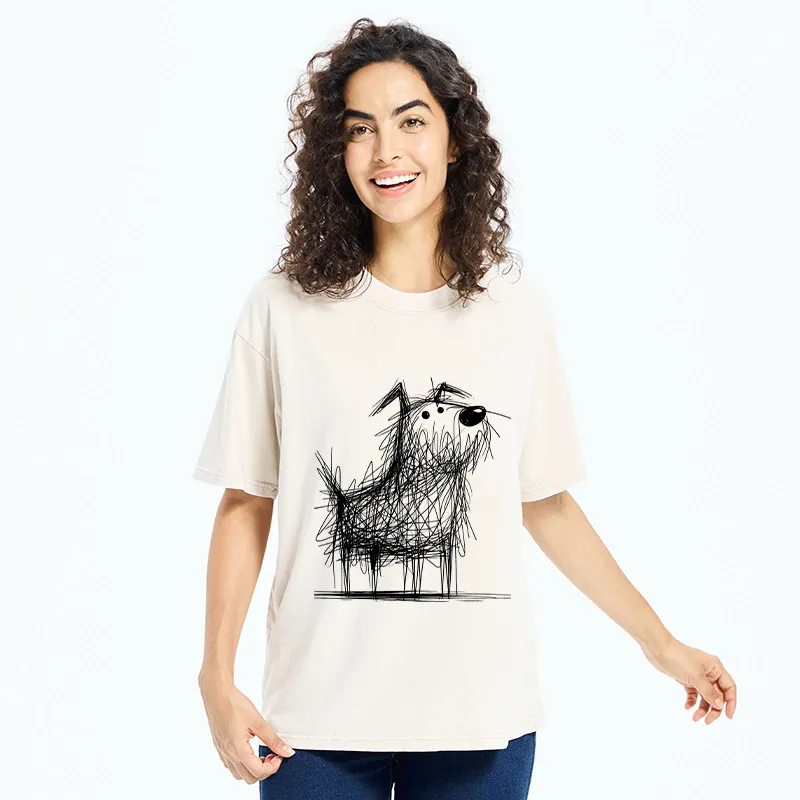 Tokyo-Tiger Cute Scrawled Dog Line Art Washed T-Shirt