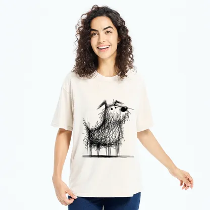 Tokyo-Tiger Cute Scrawled Dog Line Art Washed T-Shirt