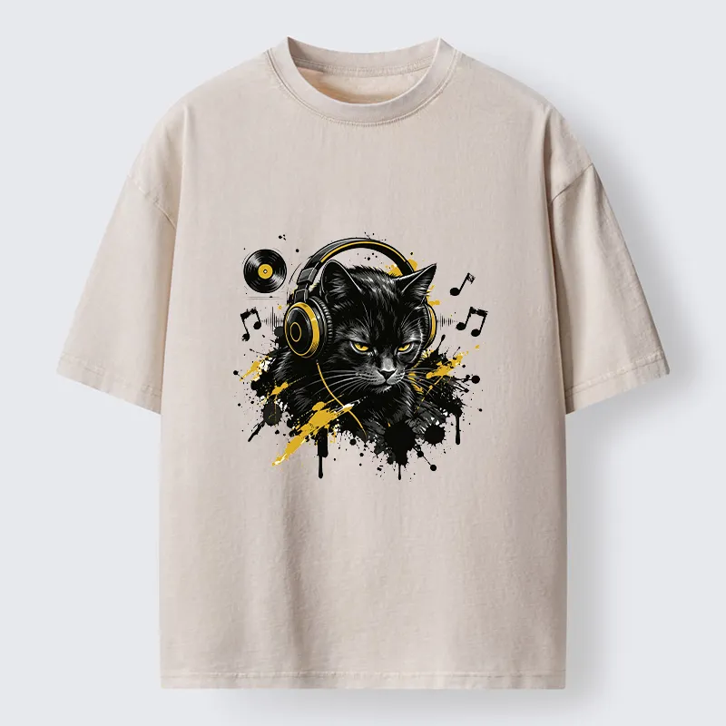 Tokyo-Tiger Black Cat Music Lover Washed T-Shirt