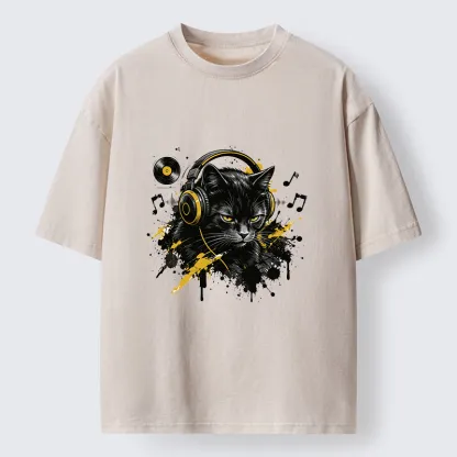 Tokyo-Tiger Black Cat Music Lover Washed T-Shirt