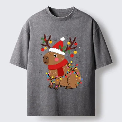 Tokyo-Tiger Cute Christmas Capybara Washed T-Shirt