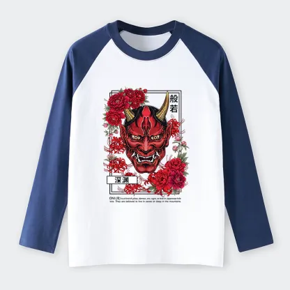 Tokyo-Tiger Cool Oni Floral Art Raglan Long Sleeve T-shirt
