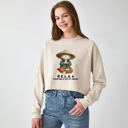 Tokyo-Tiger Zen Relax Cat Graphic Washed Crop Sweatshirt