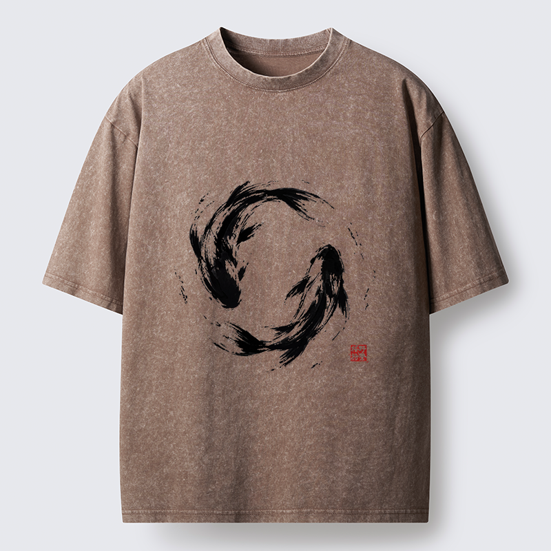 Tokyo-Tiger Ink Koi Fish Circle Washed T-Shirt