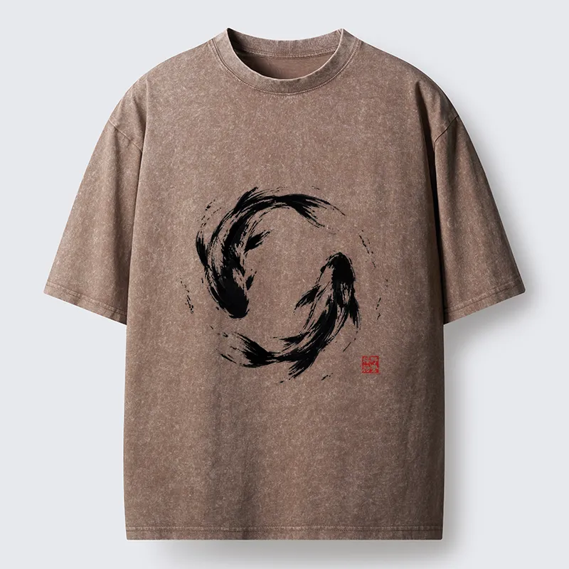 Tokyo-Tiger Ink Koi Fish Circle Washed T-Shirt