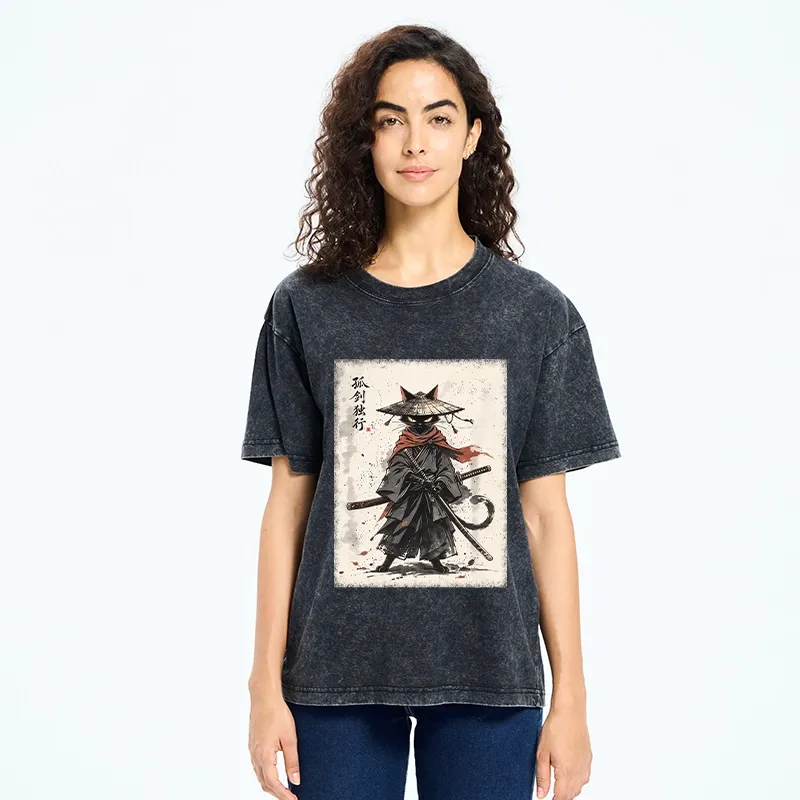 Tokyo-Tiger Lone Samurai Cat Ink Art Washed T-Shirt