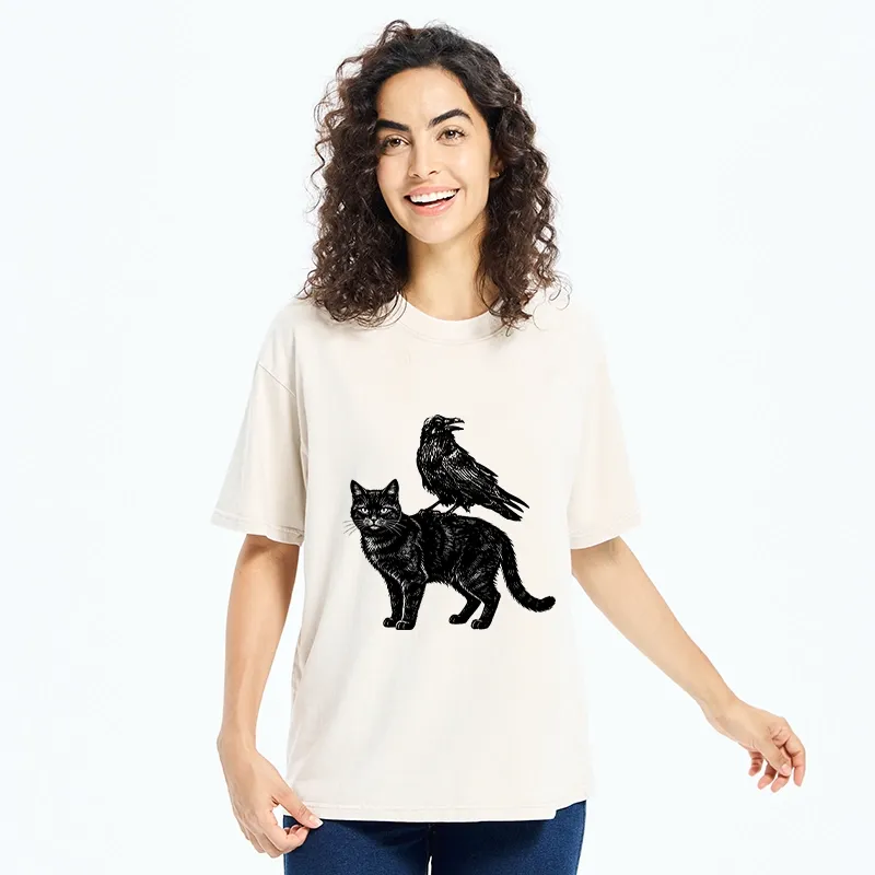Tokyo-Tiger Funny Meme About Spooky Cat And Crow Washed T-Shirt