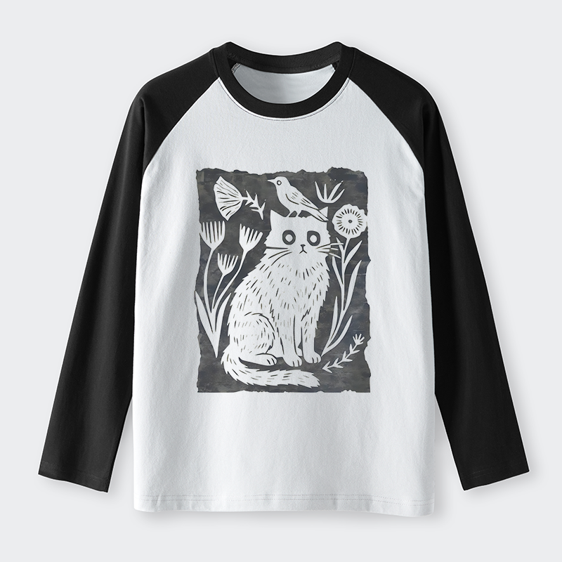 Tokyo-Tiger Folk Paper Cut Cat Bird Floral Art Raglan Long Sleeve T-shirt