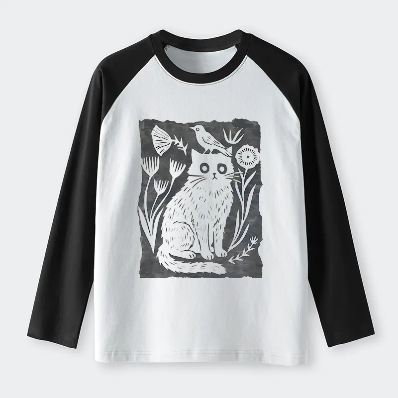Tokyo-Tiger Folk Paper Cut Cat Bird Floral Art Raglan Long Sleeve T-shirt