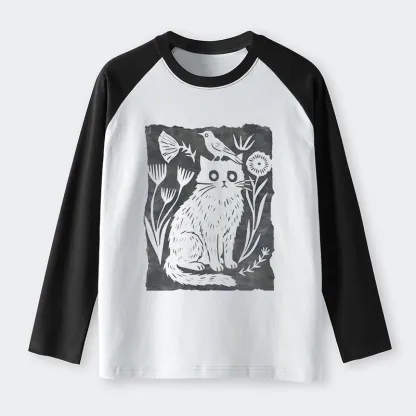Tokyo-Tiger Folk Paper Cut Cat Bird Floral Art Raglan Long Sleeve T-shirt