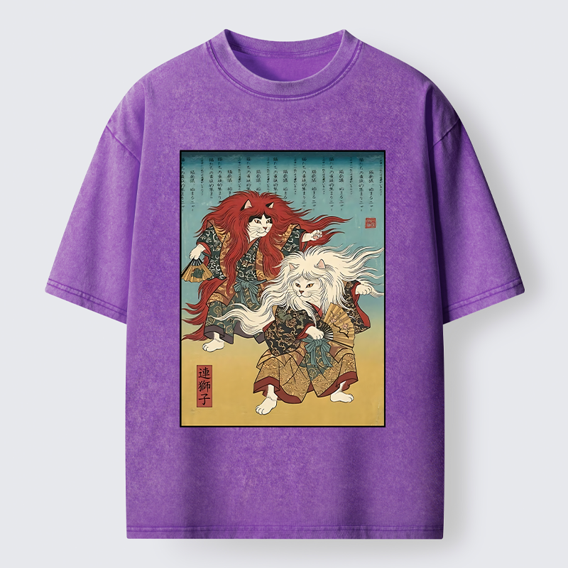Tokyo-Tiger Traditional Japanese Kabuki Style Cat Art Washed T-Shirt