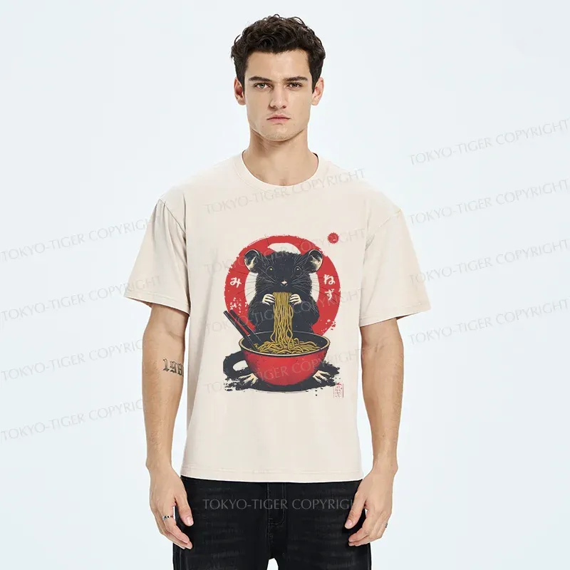 Tokyo-Tiger Mouse Eating Ramen Washed T-Shirt