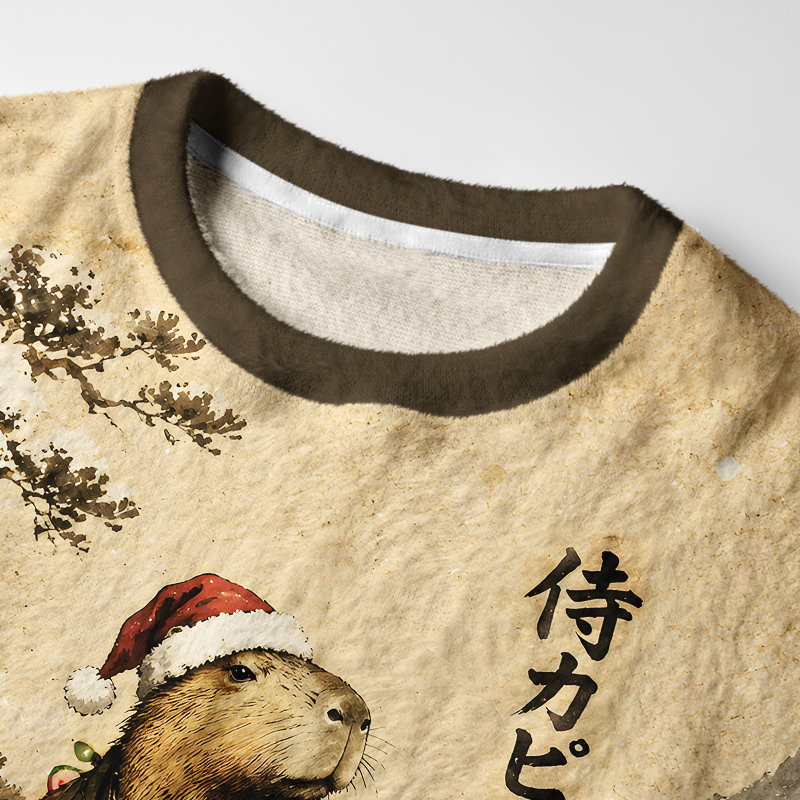 Tokyo-Tiger Japanese Vintage Samurai Capybara Fuzzy Christmas Ugly Sweatshirt