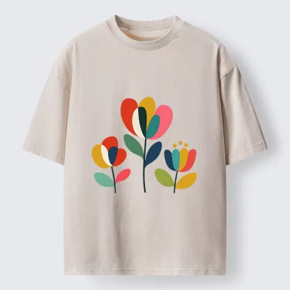 Tokyo-Tiger Modern Color Floral Art Washed T-Shirt