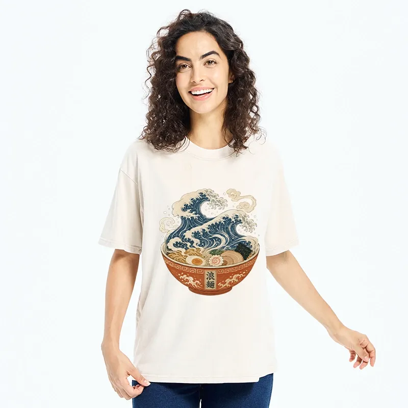 Tokyo-Tiger Ramen Bowl Holds Giant Ocean Wave Graphic Washed T-Shirt