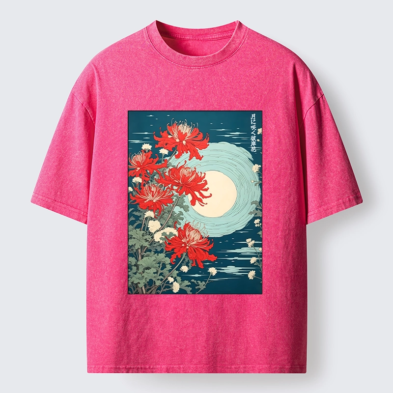 Tokyo‑Tiger Moon Red Spider Lily Washed T‑Shirt