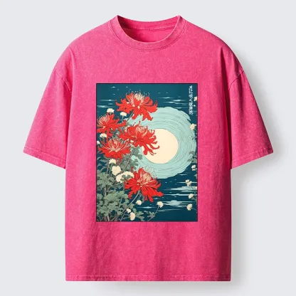 Tokyo‑Tiger Moon Red Spider Lily Washed T‑Shirt
