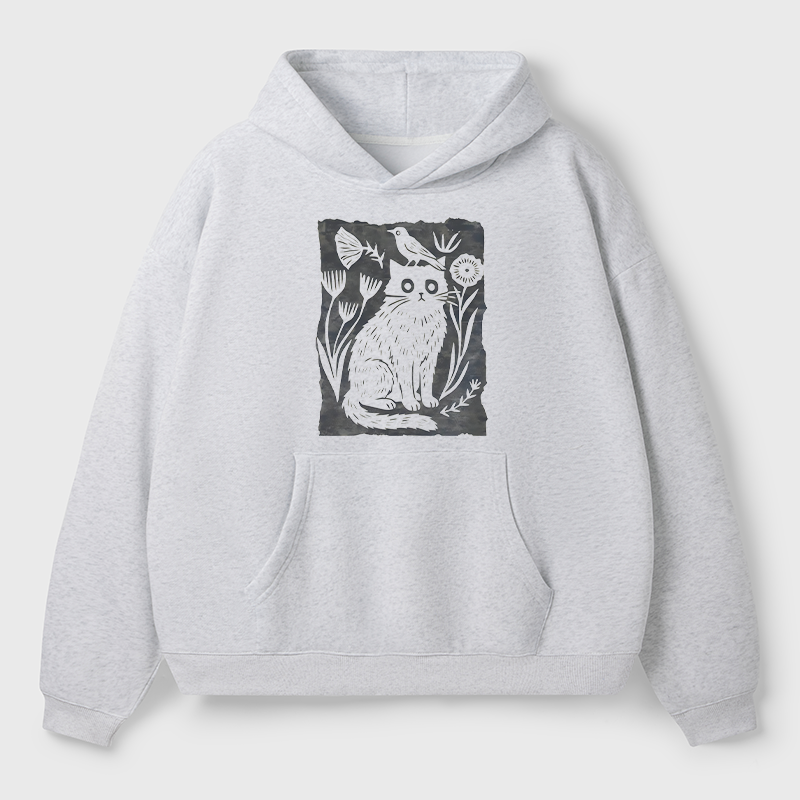 Tokyo-Tiger Folk Paper Cut Cat Bird Floral Art Adult Fleece Hoodie