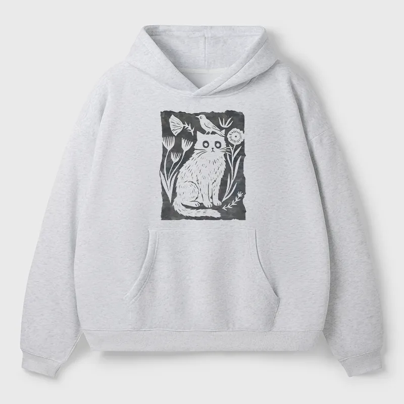 Tokyo-Tiger Folk Paper Cut Cat Bird Floral Art Adult Fleece Hoodie