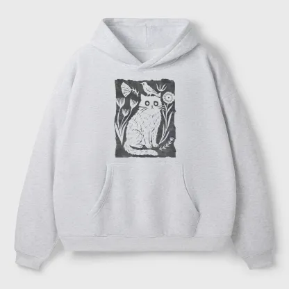 Tokyo-Tiger Folk Paper Cut Cat Bird Floral Art Adult Fleece Hoodie