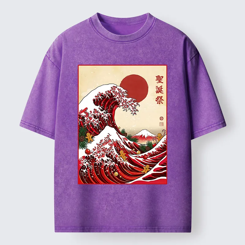 Tokyo-Tiger Gingerbread Surf Christmas Wave Washed T-Shirt