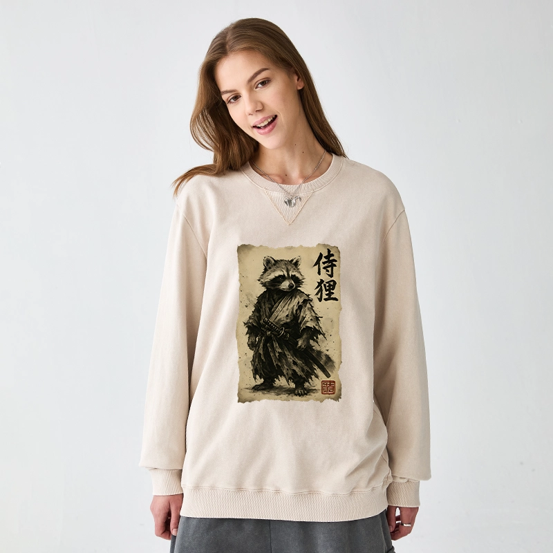 Tokyo-Tiger Retro Raccoon Samurai Washed Terry Sweatshirt