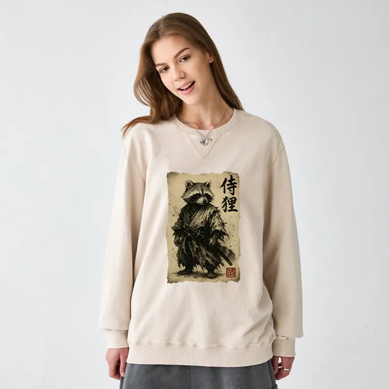 Tokyo-Tiger Retro Raccoon Samurai Washed Terry Sweatshirt