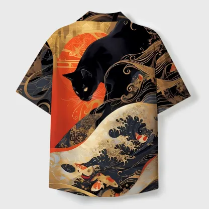 Tokyo-Tiger Koi Wave Under The Black Cat Cuban Collar Shirt