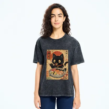 Tokyo‑Tiger Japanese Food Cat Washed T‑Shirt