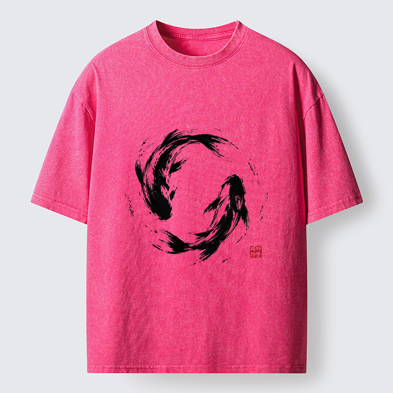 Tokyo-Tiger Ink Koi Fish Circle Washed T-Shirt